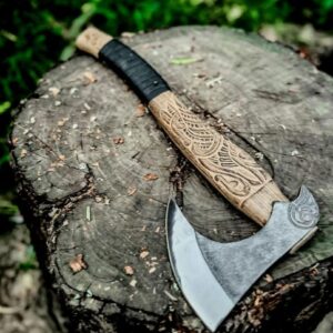 high carbon steel Hand Forged Viking Axe: Ragnar Bearded Hatchet hand engraved axe hand engraved handle