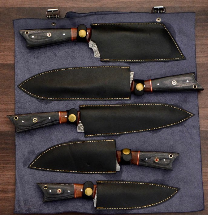 hand forged knives, high carbon steel, Damascus chef set, handmade knife set, chef knife gift, kitchen knife set, Viking axe, personalized gifts, engraved axe, functional Viking axe, Valhalla knife set, chef set of 5, Christmas gift ideas, premium chef knives, handmade Damascus knives, quality chef tools, unique kitchen gifts, artisan knife set, gift for chefs