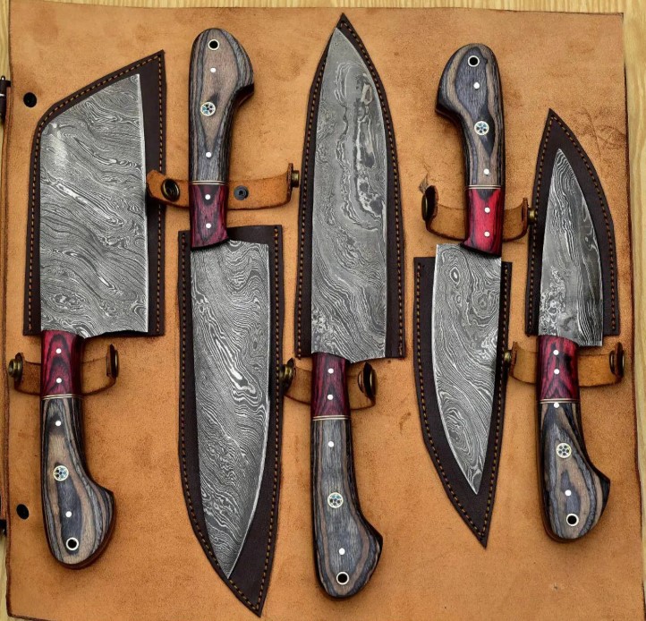 Handmade Damascus chef Set of 5 PCS , Damascus chef set , knife Chef set , handmade chef set , christmas gift , chef knife set - Image 3