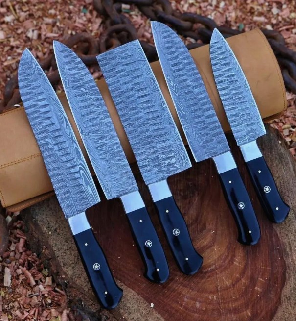 Hand Forged Damascus Steel Chef Knife Set 5 Pc | Kitchen Knife Set with Leather Roll | Wedding Gift | Anniversary Gift | Gift for Him