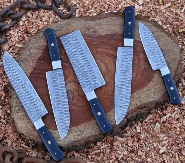 Hand Forged Damascus Steel Chef Knife Set 5 Pc | Kitchen Knife Set with Leather Roll | Wedding Gift | Anniversary Gift | Gift for Him - Image 2