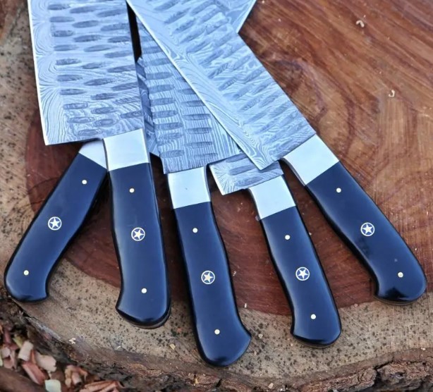 Hand Forged Damascus Steel Chef Knife Set 5 Pc | Kitchen Knife Set with Leather Roll | Wedding Gift | Anniversary Gift | Gift for Him - Image 3