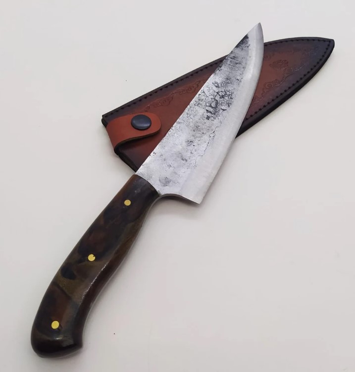 Forged Steel Chef Knife: Personalized Walnut Handle, Leather Sheath - Image 2