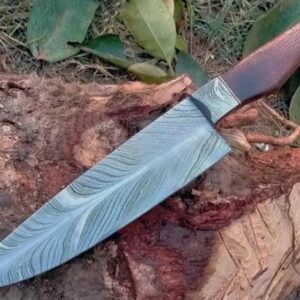 Handmade Damascus Chef Knife 8” – Full Tang Feather Pattern Super Steel, Maple Wood Handle, Leather Sheath, Professional Kitchen Knife