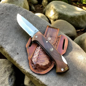 Handmade N690 Steel Folding Knife: Walnut Handle, Leather Sheath