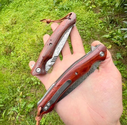 Damascus steel folding knife wooden handle camping personalized men's gift pocket - Image 2
