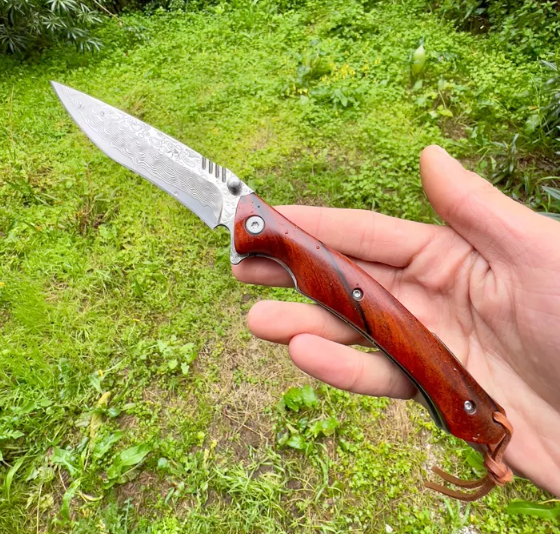 Damascus steel folding knife wooden handle camping personalized men's gift pocket - Image 3