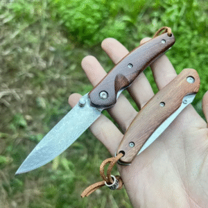 Small folding knife Damascus steel blade customizable engraving pocket forged wood handle linerlock edc camping custom gift for men