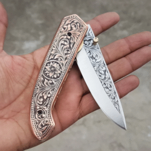 Handmade D2 Steel Folding Knife: Engraved Copper Handle, Leather Sheath & Wood Box