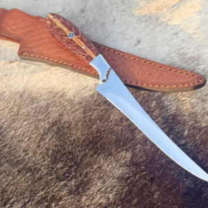 custom handmade fillet/hunting knife with a long, narrow and curved blade used for skinning or filleting with genuine leather sheath