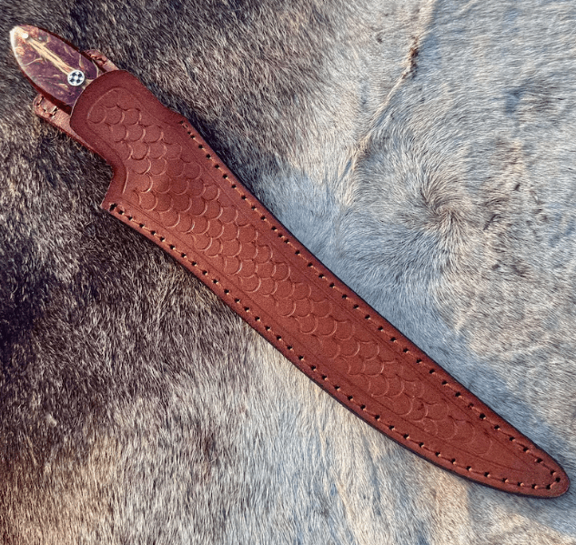 custom handmade fillet/hunting knife with a long, narrow and curved blade used for skinning or filleting with genuine leather sheath - Image 5