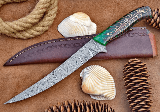 Custom Hand Made Damascus Steel Fillet Knife For Fish and Meat | – Boning Knife with Pine Cone Resin Handle 12" Custom Gift - 2