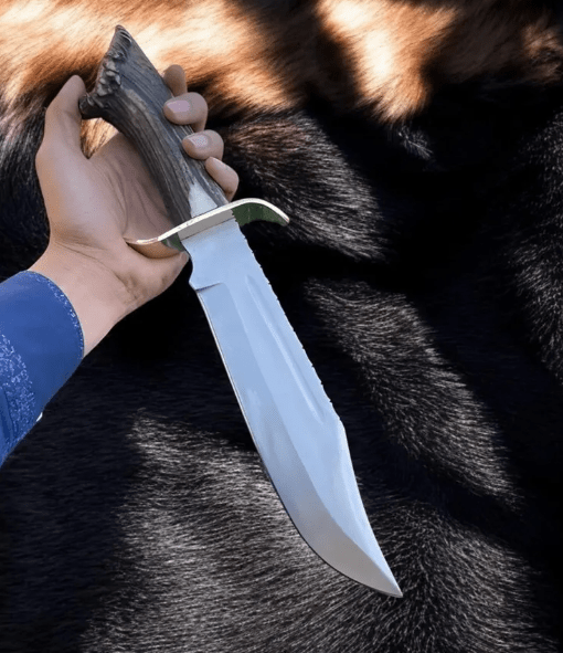 Handmade Carbon Steel Bowie Knife – Stag Antler Handle | Hunting & Survival Knife with Sheath