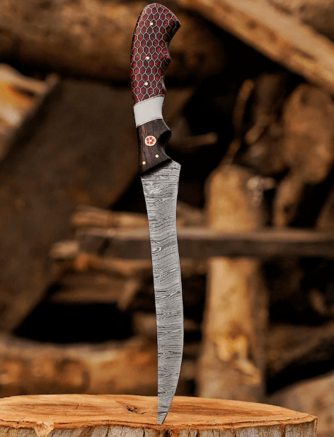 Handmade Damascus Steel Fillet Knife: Red Pakka Wood Handle, Leather Sheath