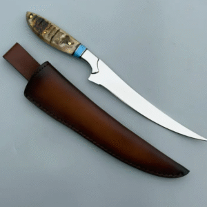 Handmade J2 Steel Fillet Knife: Ram Horn Handle, Leather Sheath