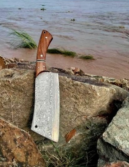 Handmade Damascus Steel Cleaver Knife: Butcher & Chef Knife with Olive Wood Handle