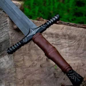 Hand-Forged Damascus Steel Sword | Engraved Guard and Leather Handle | Medieval Style Collector Sword | Cosplay or Display | Birthday Gift