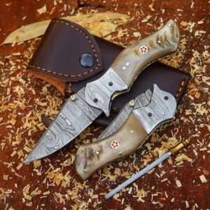 Handmade Damascus Steel Folding Pocket Knife – Ram Horn Handle, Hunting Knife, Custom Gift for Men, Groomsmen, Birthday or Anniversary Gift