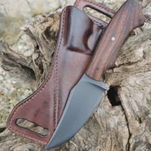 Hand Forged D2 Steel Skinner Knife: Rosewood Handle, Leather Sheath