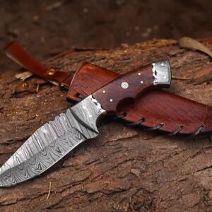 Handmade Damascus Steel Skinner Knife with Leather Sheath