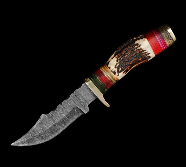 Handmade Damascus Steel Hunting Knife Camping Skinner Stag Handle with Leather Sheath Gift for him Pocket Knife USA Knives