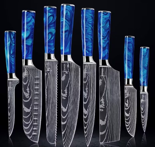 Stunning 8-Piece Japanese Kitchen Knife Set with Damascus Pattern and Beautiful Blue Resin Handle - Professional Chef Knife Set w/ Gift Box