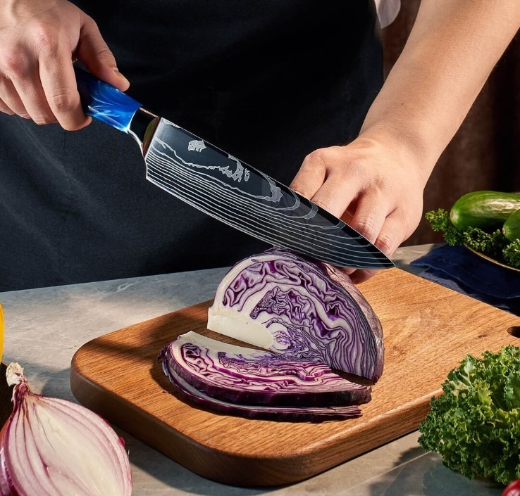 Stunning 8-Piece Japanese Kitchen Knife Set with Damascus Pattern and Beautiful Blue Resin Handle - Professional Chef Knife Set w/ Gift Box - Image 2