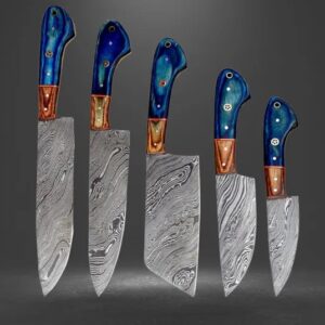 5 Pieces Handmade Knife Set, Hand Forged Chef Knives Kitchen Set Damascus Steel Knives Gift for Her, BLUE Solid Wood Handle