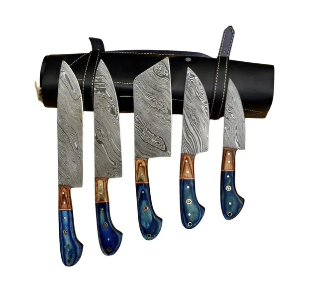 5 Pieces Handmade Knife Set, Hand Forged Chef Knives Kitchen Set Damascus Steel Knives Gift for Her, BLUE Solid Wood Handle - Image 2