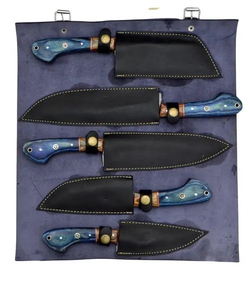 5 Pieces Handmade Knife Set, Hand Forged Chef Knives Kitchen Set Damascus Steel Knives Gift for Her, BLUE Solid Wood Handle - Image 3