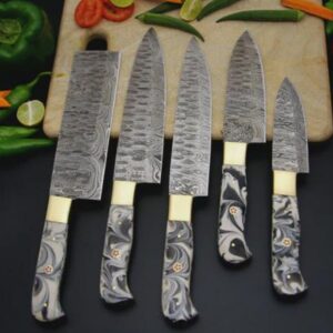 Handmade Damascus Steel Chef Knife Set: Resin Handle, Leather Kit