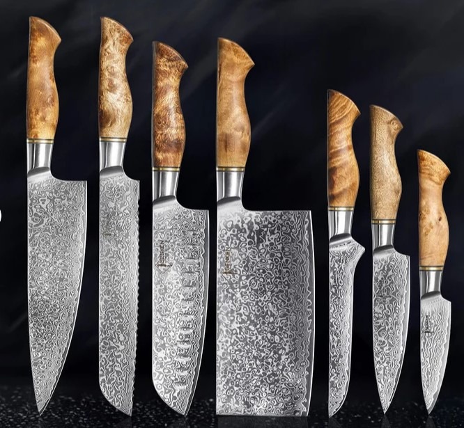 67-Layer Damascus Steel Kitchen Knife Set with Natural Sycamore Wood Handle - 7-Piece Japanese Chef Knife Set "Dynasty" Collection