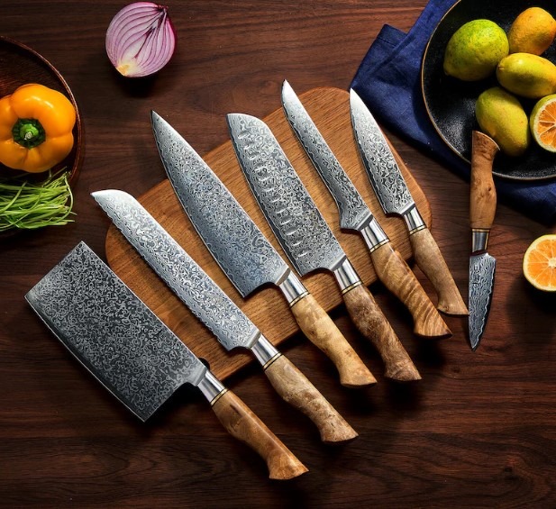 67-Layer Damascus Steel Kitchen Knife Set with Natural Sycamore Wood Handle - 7-Piece Japanese Chef Knife Set "Dynasty" Collection - Image 3