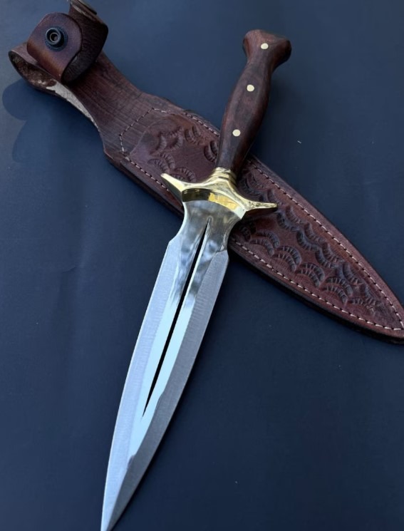 Walnut Handle Dagger Knive Handmade Fairbairn Sykes Knife with Case Hunting Knives Double Edge Knife Groomsmen Gifts Pretty Dagger Knife