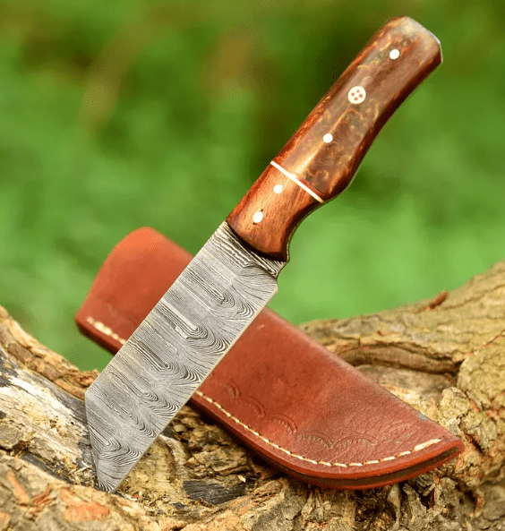 Handmade Damascus Steel Cleaver Knife: Rose Wood & Acrylic Handle, Leather Sheath