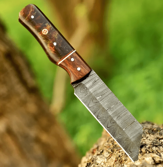 Handmade Damascus Steel Cleaver Knife: Rose Wood & Acrylic Handle, Leather Sheath - Image 4