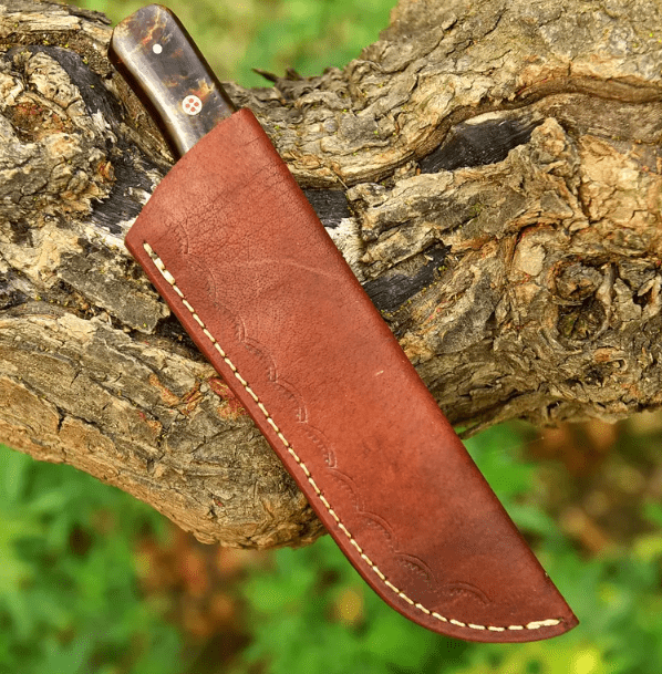 Handmade Damascus Steel Cleaver Knife: Rose Wood & Acrylic Handle, Leather Sheath - Image 3