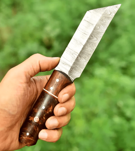 Handmade Damascus Steel Cleaver Knife: Rose Wood & Acrylic Handle, Leather Sheath - Image 5
