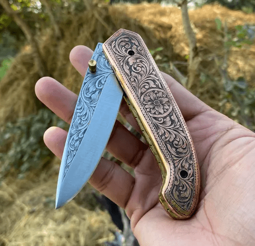 Handmade Engraved Folding knife - Prestigious Engraved Pocket Knife - D2 Steel Engraved Blade - Engraving Folding Knife Anniversary Gifts