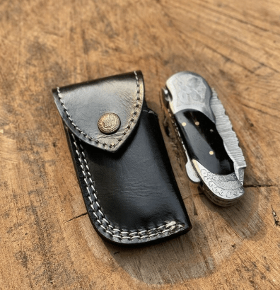 Handmade Damascus Folding Knife: Black Horn Handle, Leather Sheath I WildEdgeBlade - Image 4