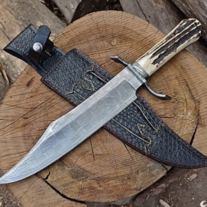 16″ Full Tang Mosaic Damascus Bowie Knife With Coffin Style Antler Handle & Leather Sheath