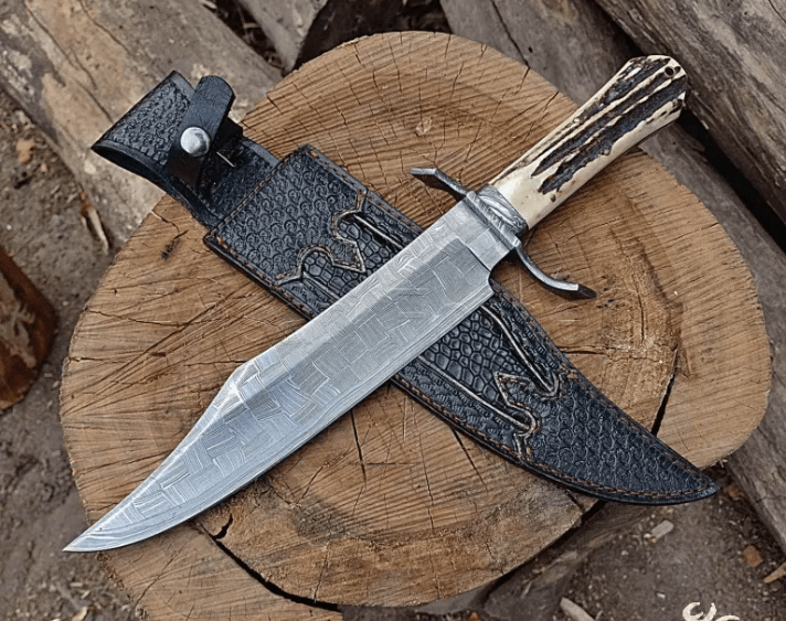 16″ Full Tang Mosaic Damascus Bowie Knife With Coffin Style Antler Handle & Leather Sheath