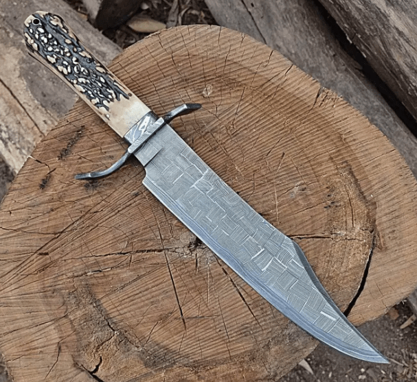 16″ Full Tang Mosaic Damascus Bowie Knife With Coffin Style Antler Handle & Leather Sheath - Image 3