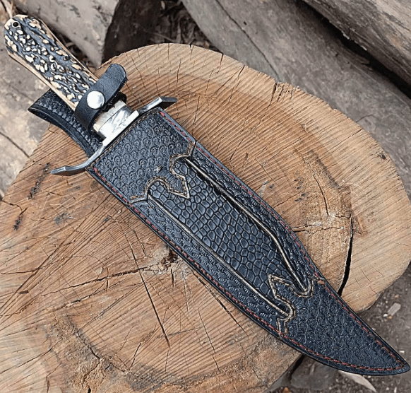 16″ Full Tang Mosaic Damascus Bowie Knife With Coffin Style Antler Handle & Leather Sheath - Image 5