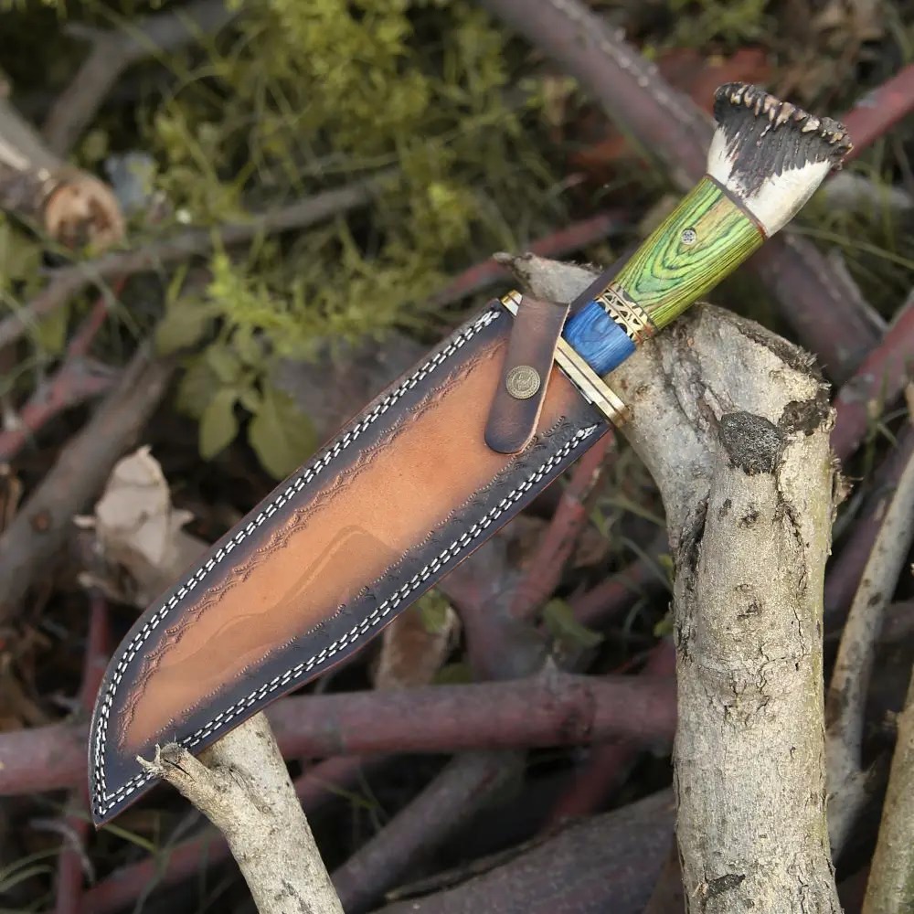 Hand Forged D2 Bowie Knife Steel Hunting Fix Blade - Stag Antler Crown & Wood Handle - Image 2