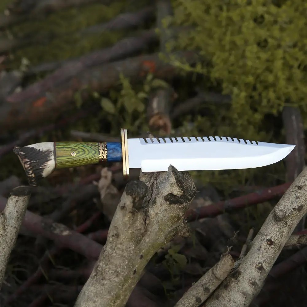 Hand Forged D2 Bowie Knife Steel Hunting Fix Blade - Stag Antler Crown & Wood Handle - Image 4