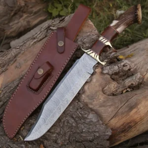 HANDMADE FORGED DAMASCUS Steel Hunting Bowie Rambo Knife Deer Stag Crown Handle