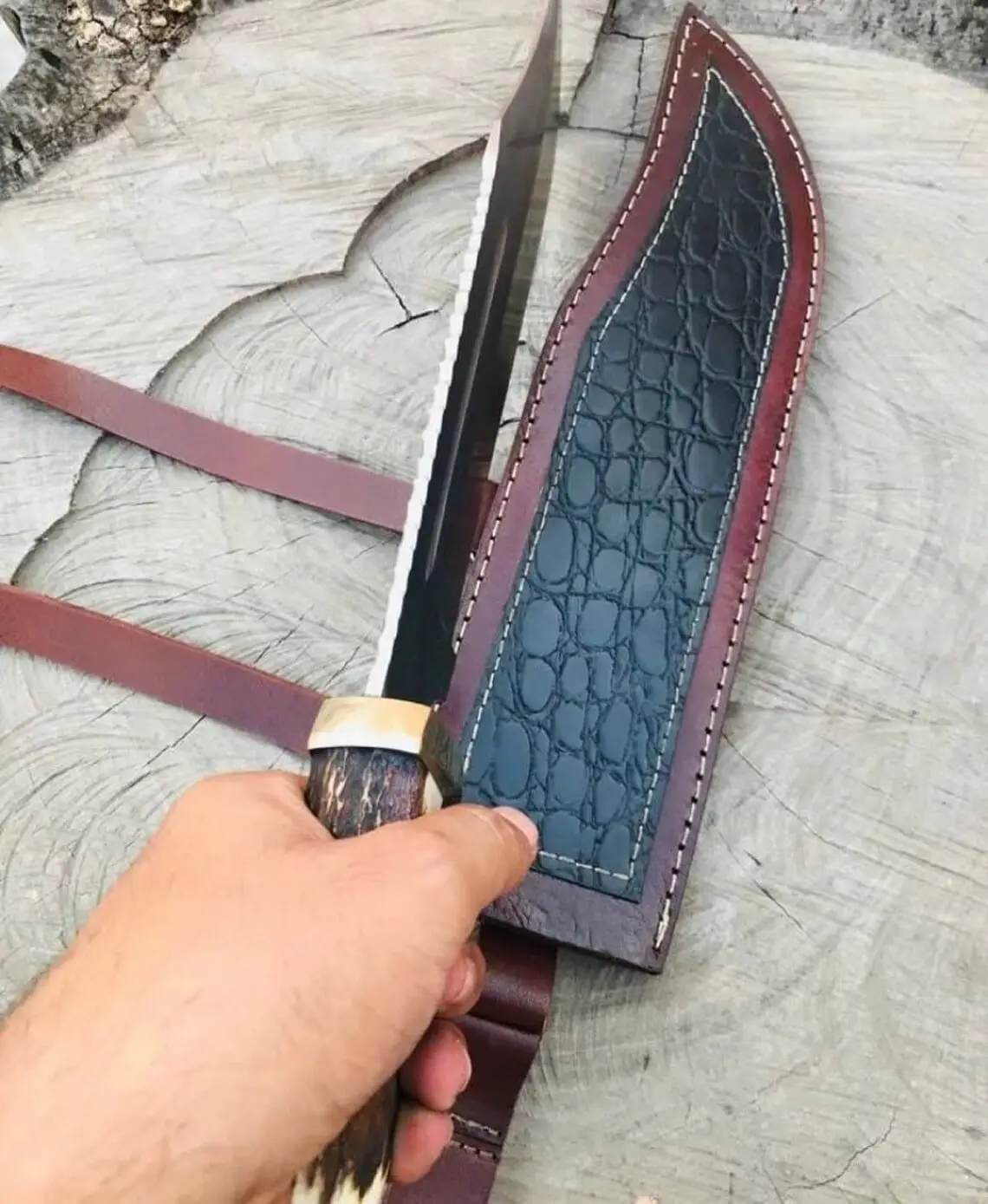 17-inch Bowie Knife, Full-tang Fixed Blade, Stag Handle Hunting Knife with Leather Sheath for Camping, Hiking, Survival - Image 2