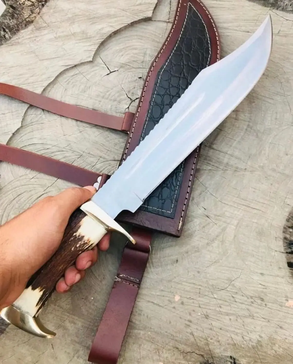 17-inch Bowie Knife, Full-tang Fixed Blade, Stag Handle Hunting Knife with Leather Sheath for Camping, Hiking, Survival - Image 3