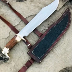 17-inch Bowie Knife, Full-tang Fixed Blade, Stag Handle Hunting Knife with Leather Sheath for Camping, Hiking, Survival